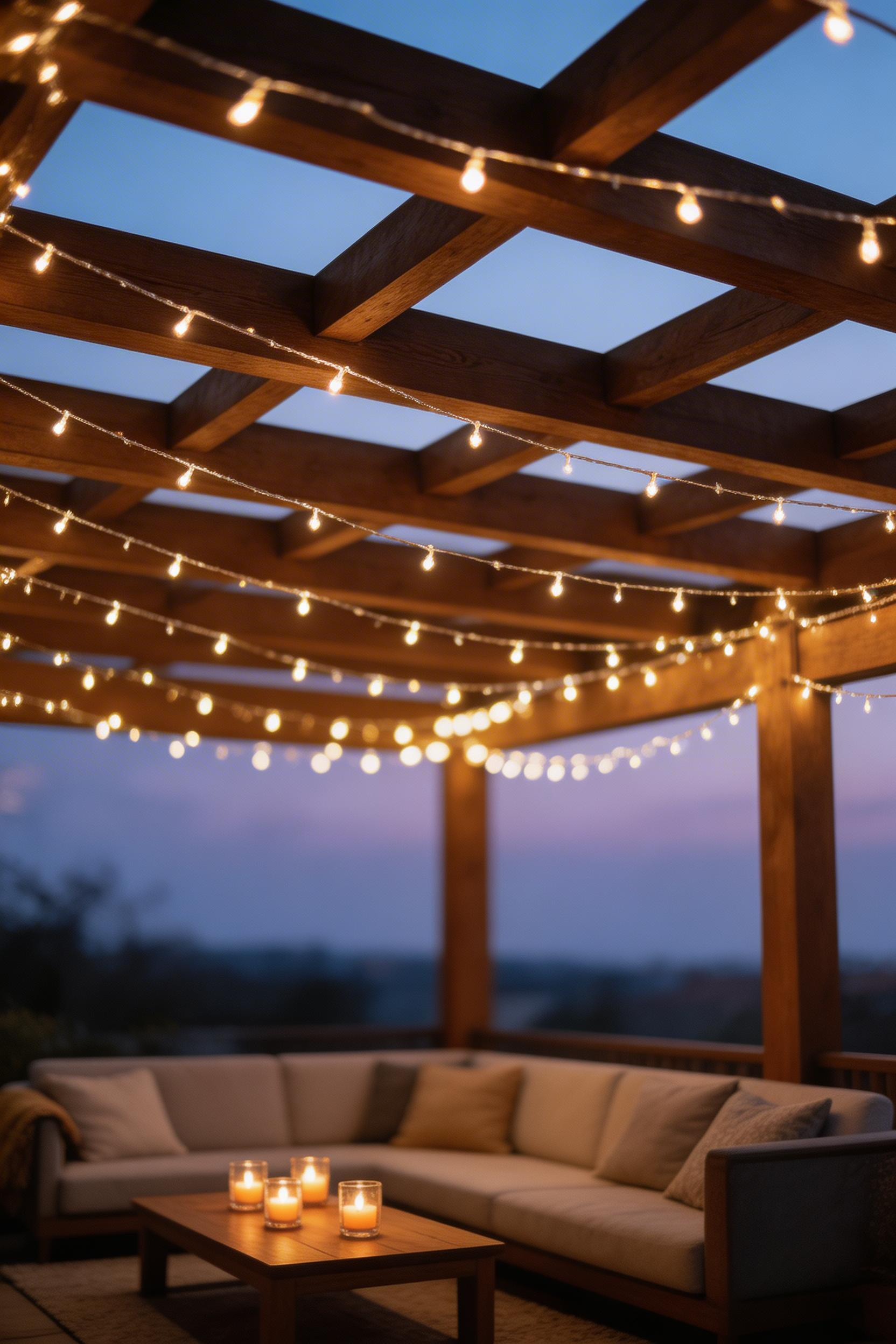 Solar fairy lights woven through pergola rafters create an effortless magical atmosphere at dusk — with zero wiring required.