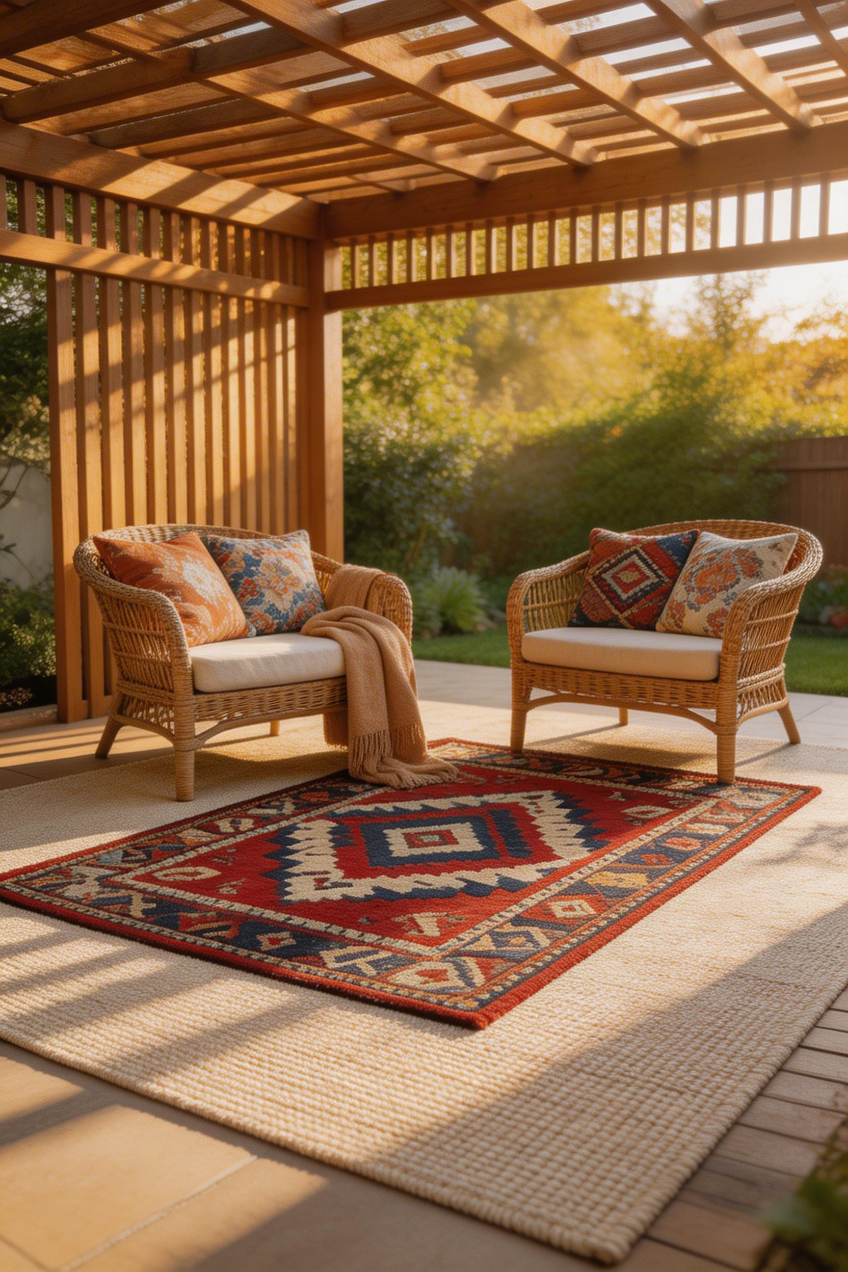 Layered outdoor rugs and textile accessories create the same depth and warmth under a pergola that a styled living room achieves indoors.