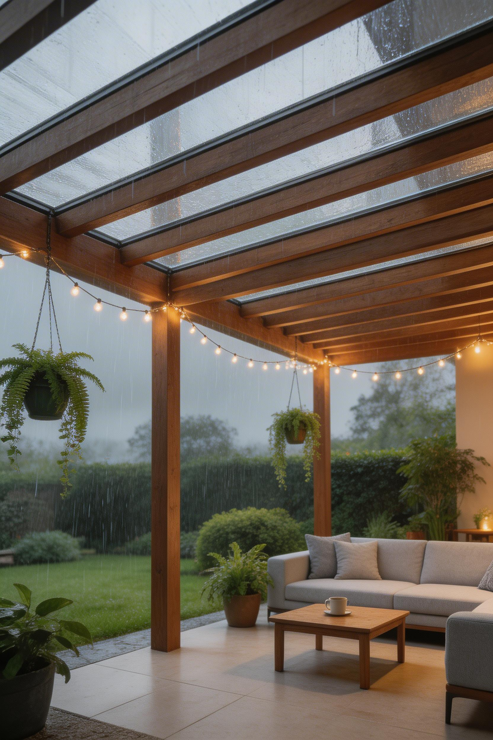 Polycarbonate roof panel inserts between pergola rafters create a weatherproof outdoor room that still floods with natural light during rain.