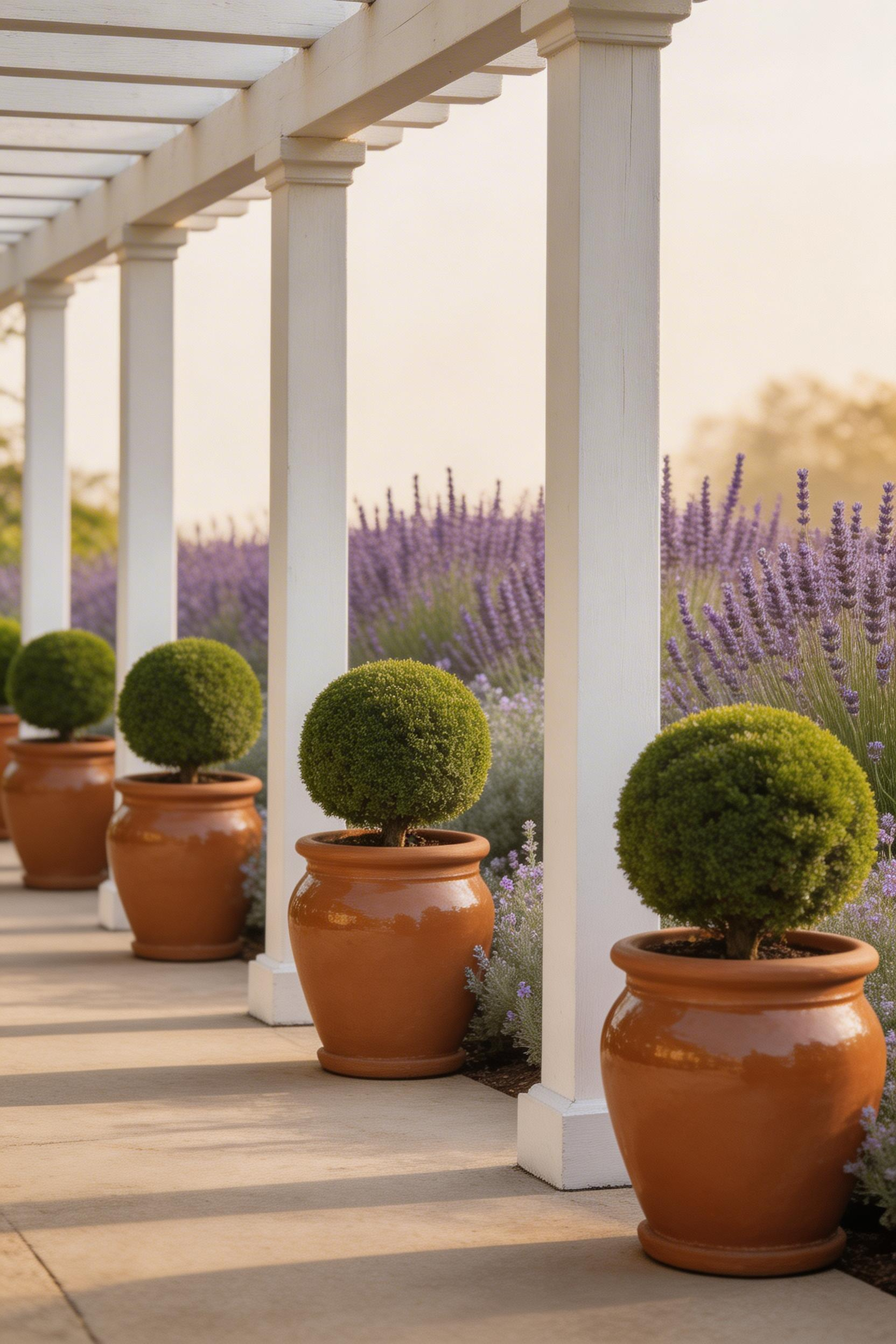 Large glazed planters with clipped boxwood spheres anchor each corner post of a pergola, connecting the structure to the surrounding garden.