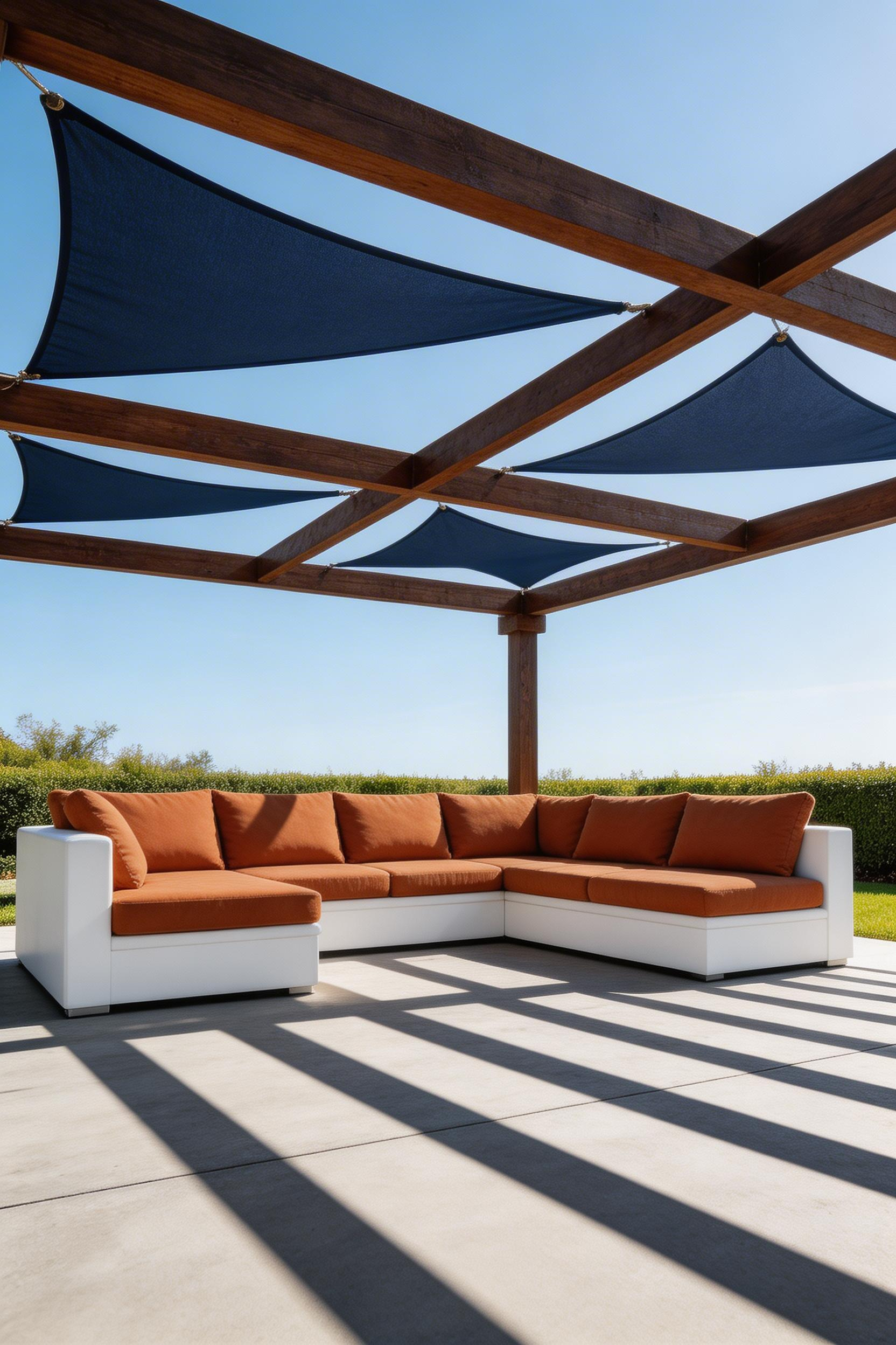 Dark navy shade sail inserts transform a standard pergola into a contemporary outdoor patio with strong graphic lines and genuine sun protection.