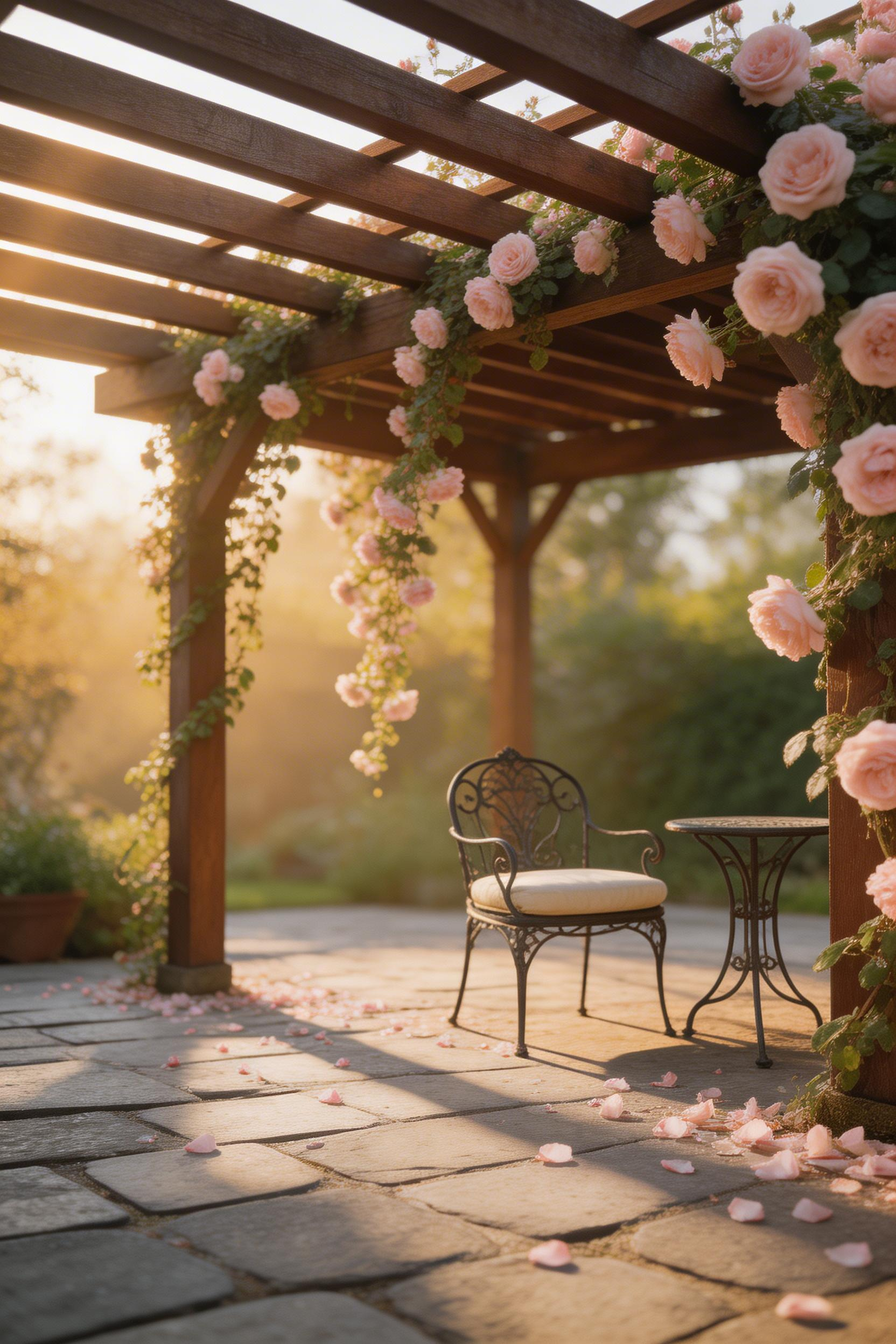A romantic climbing rose pergola with cascading pink blooms and morning light filtering through wooden beams.