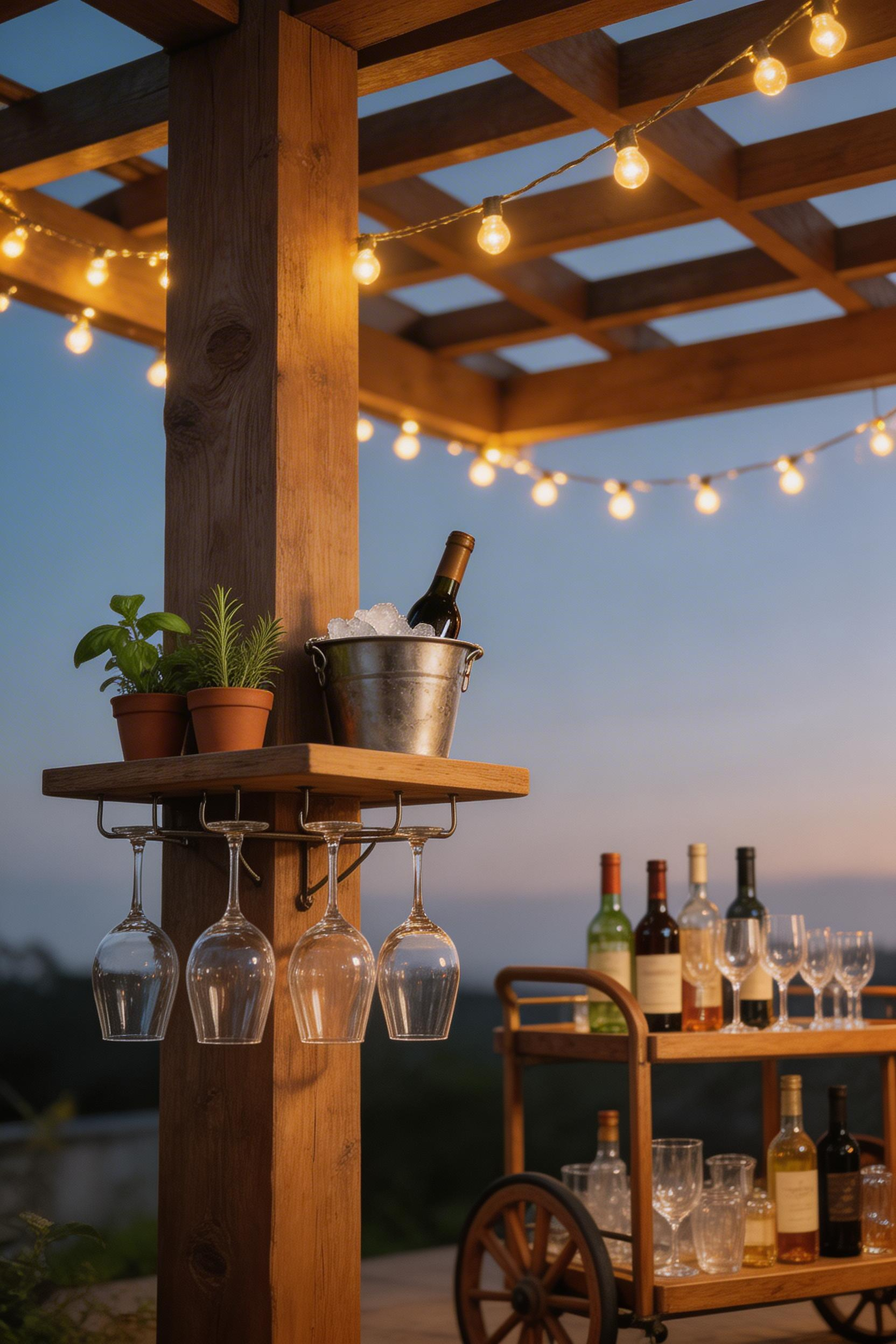 A wall-mounted bar shelf on a pergola post keeps drinks, glasses, and accessories at hand during outdoor entertaining without requiring a trip inside.
