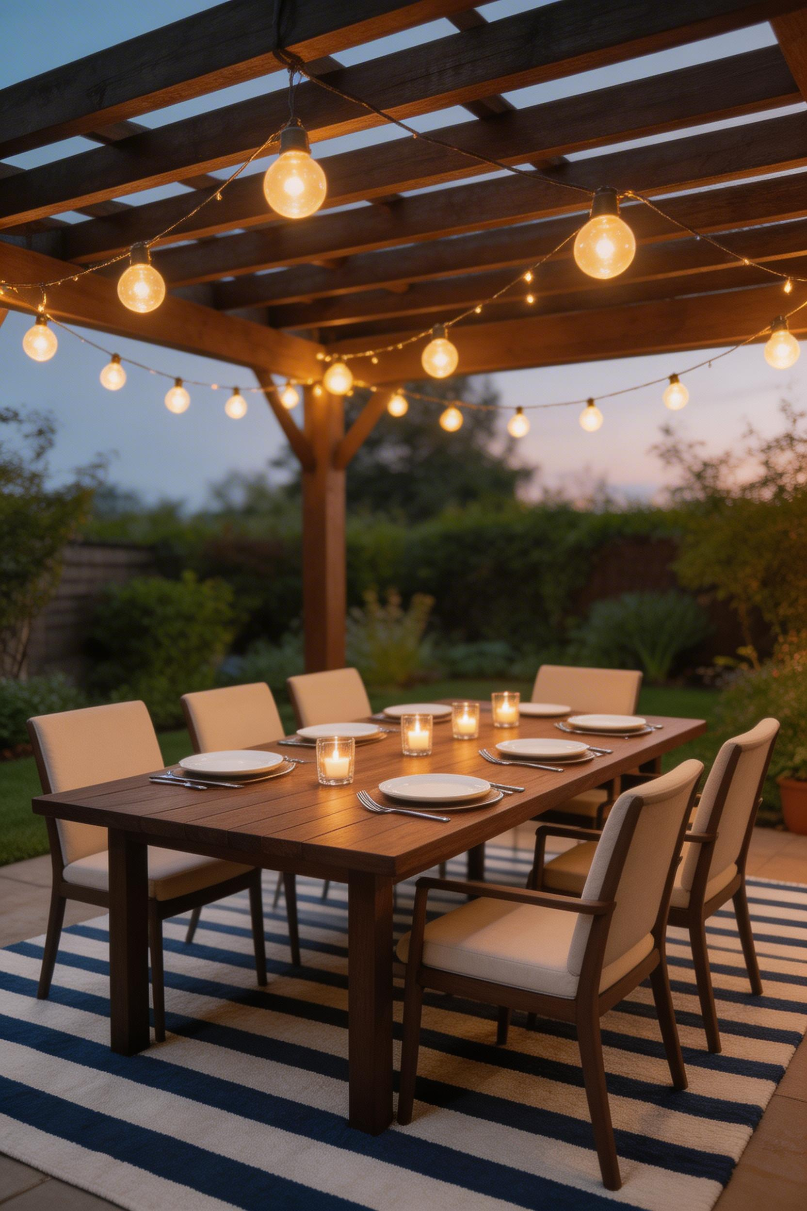 A fully set outdoor dining table under a pergola with string lights overhead and a flatweave rug below — a complete outdoor dining room.