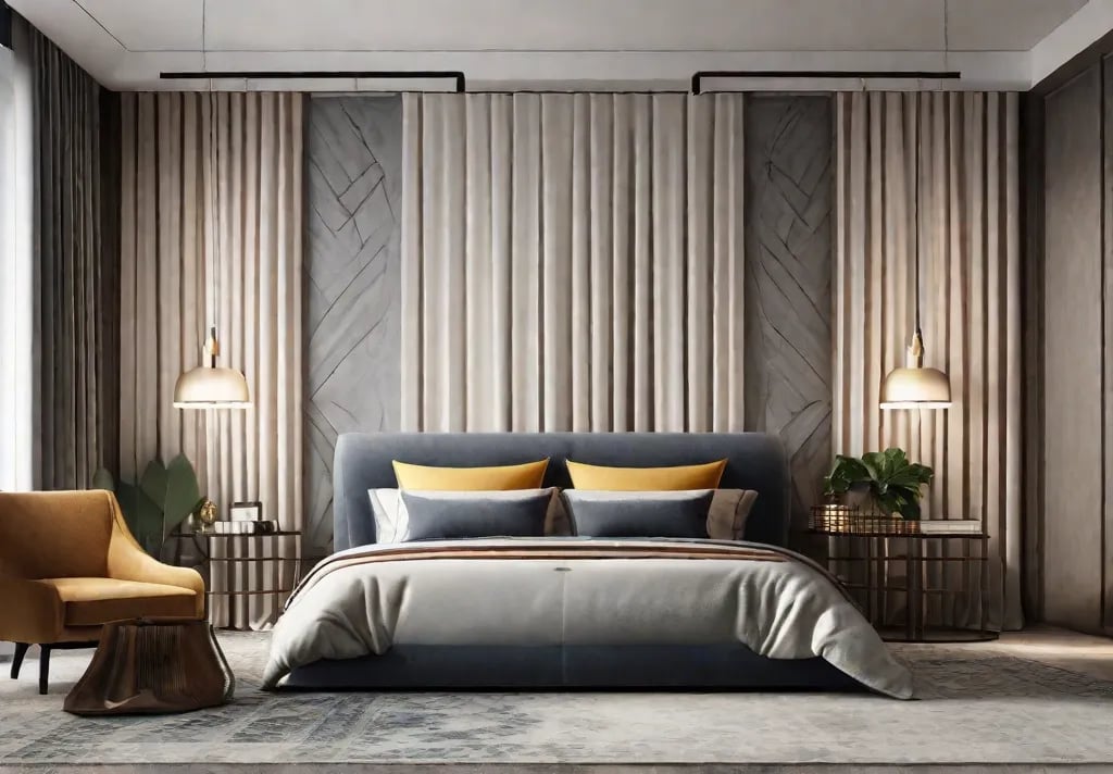 A bedroom featuring thick floorlength curtains a luxuriously soft area rug and