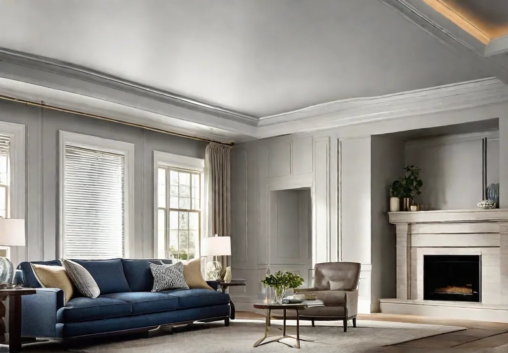 A before and after comparison illustrating the dramatic change achieved by painting the living room’s ceiling in a light reflective hue