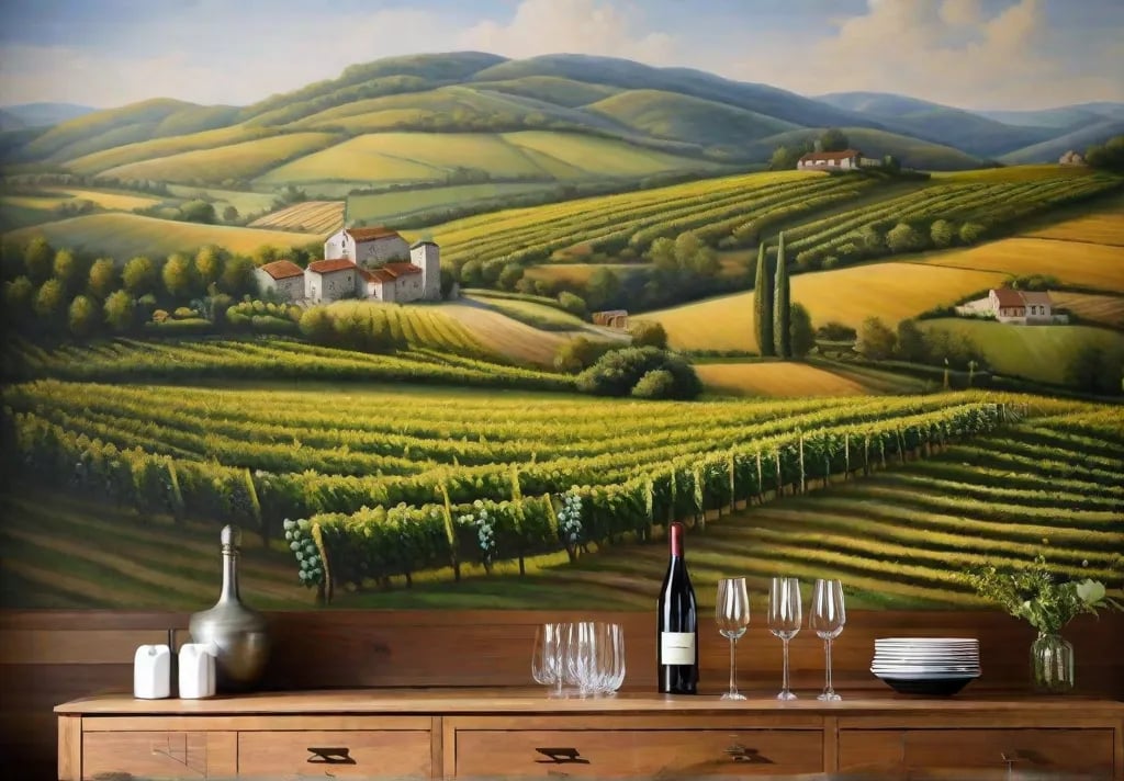 A bespoke hand painted mural spanning a kitchen wall