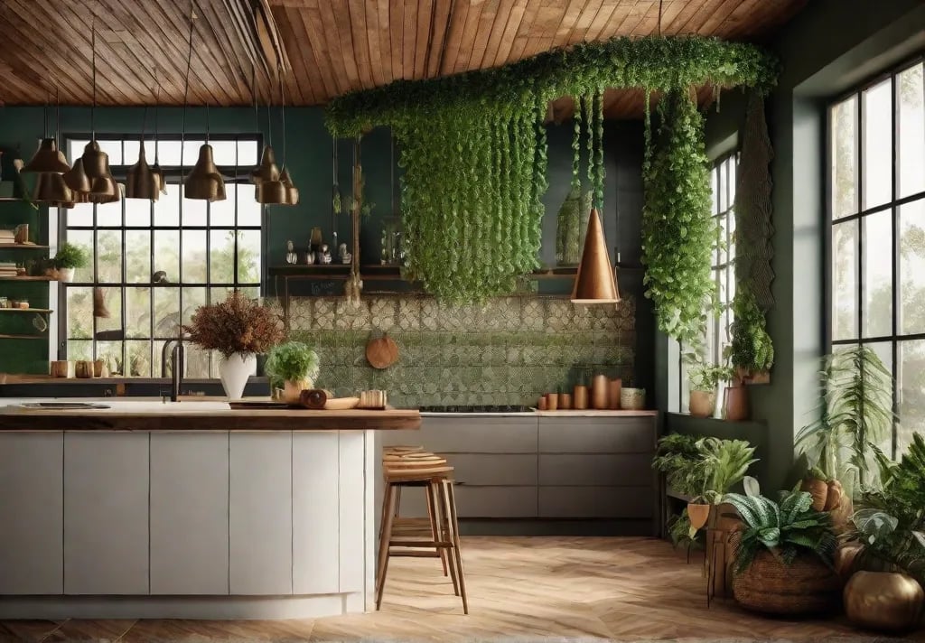 A bohemian themed kitchen corner with a macrame plant hanger suspending a vibrant