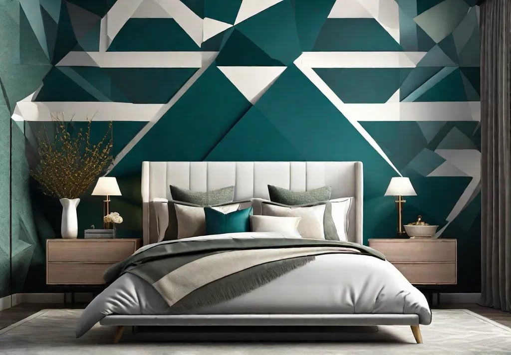 A bold and vibrant bedroom accent wall painted in deep teal contrasted