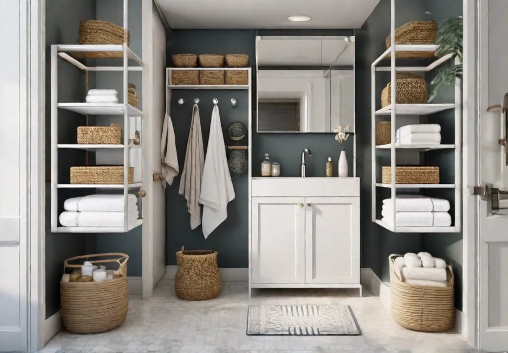 A bright and airy bathroom with white wall mounted shelves above the toilet and beside the sink