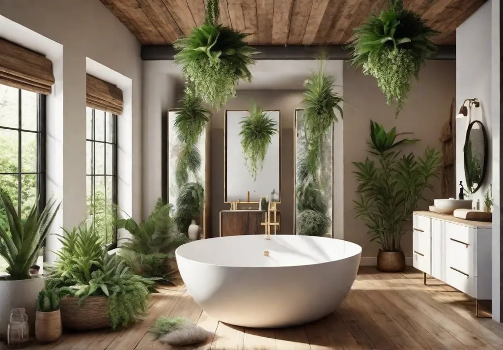 A bright and airy rustic bathroom with a large fern in the corner