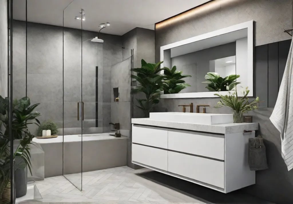 A bright and airy small bathroom with a white vanity