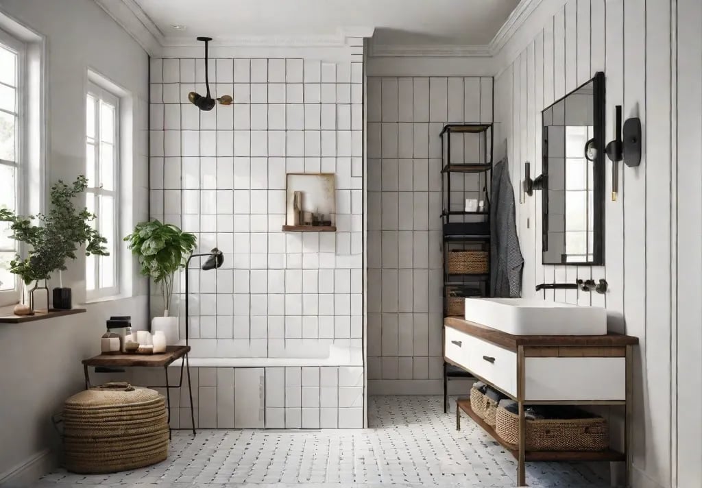 A bright and airy small bathroom with white subway tiles and a floating vanity
