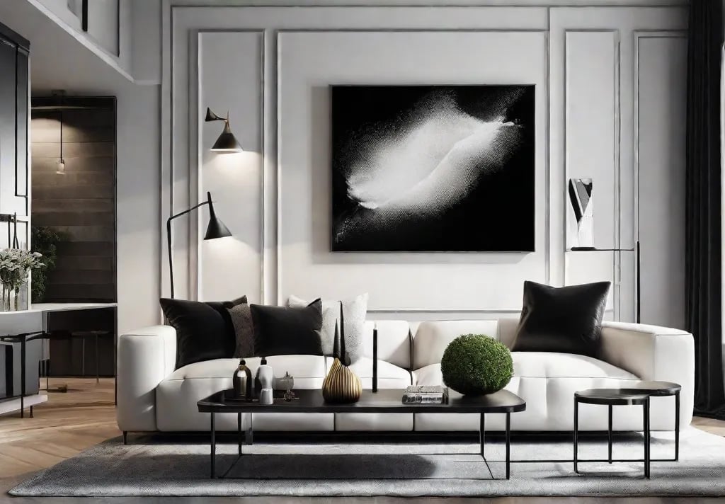 A chic loft style living room with one accent wall painted in bold black
