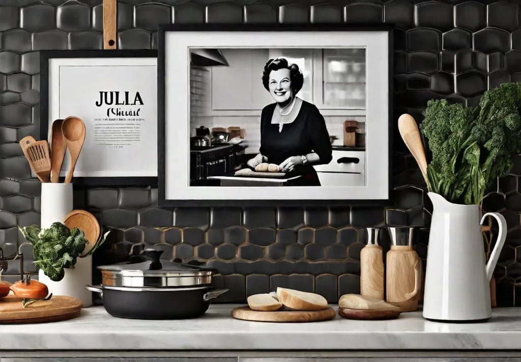 A classic kitchen setting with retro inspired posters of iconic culinary figures