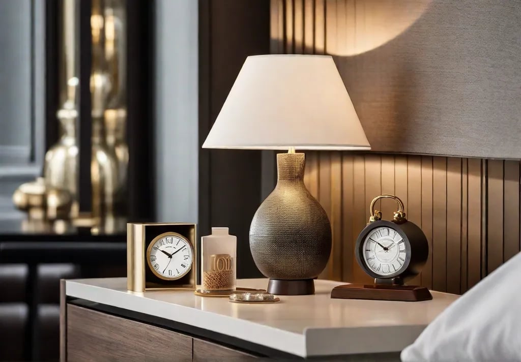 A closeup of a bedside setting demonstrating functional decor featuring a stylish