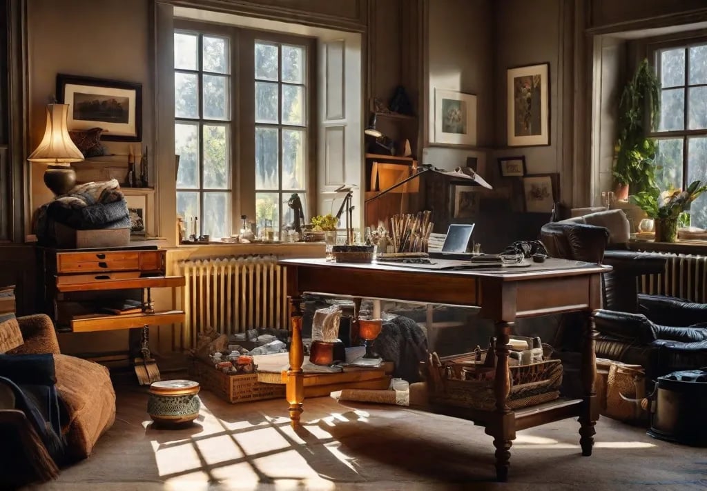 A cluttered living room beginning its transformation into a painter’s workspace