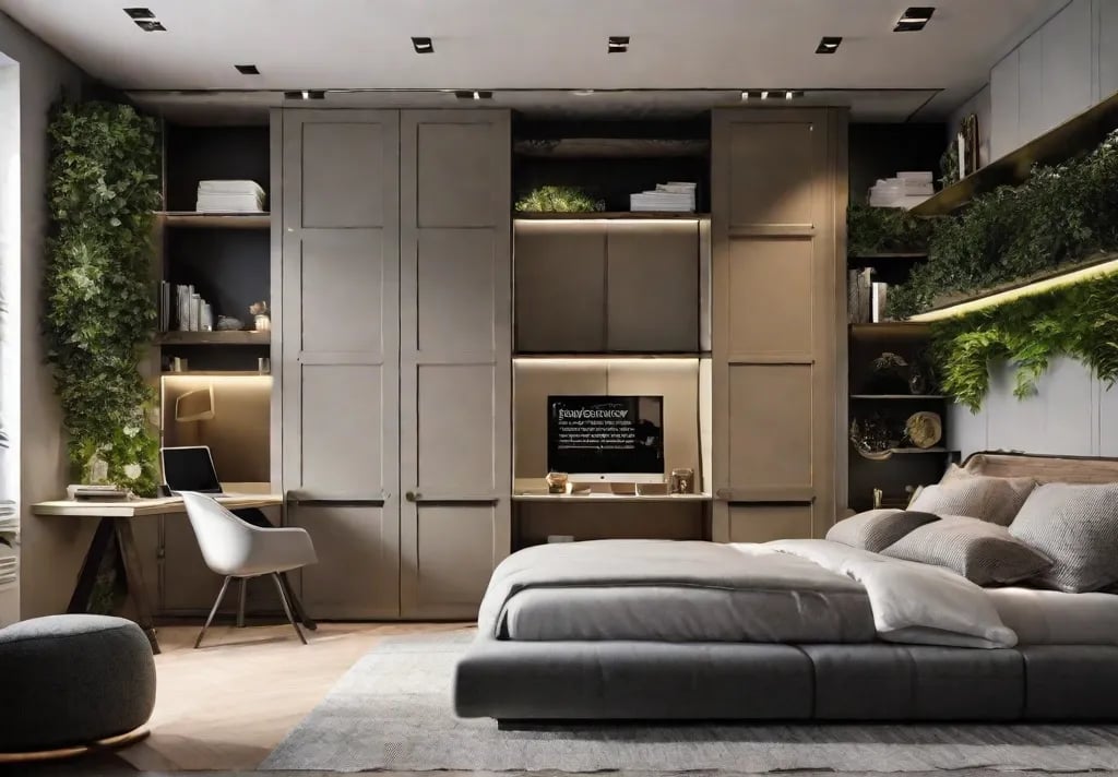 A compact yet airy bedroom equipped with ingenious spacesaving solutions such as