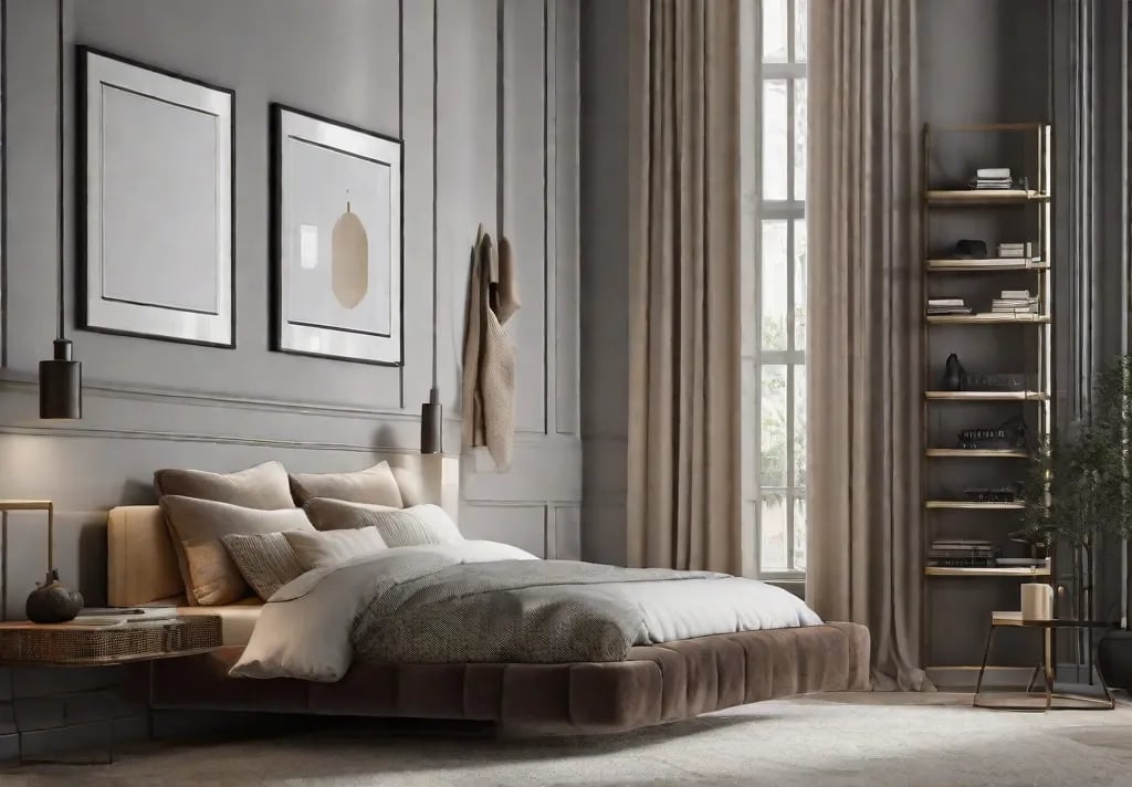 A corner of a minimalist bedroom with a wallmounted shelf displaying a