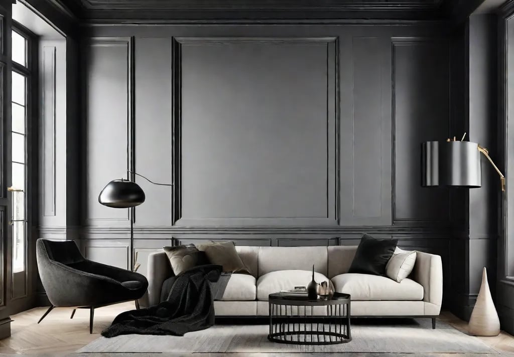 A corner vignette of a living room with a bold black wall