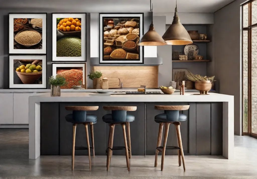 A cozy corner of a kitchen adorned with framed cultural prints showcasing traditional food markets from around the globe