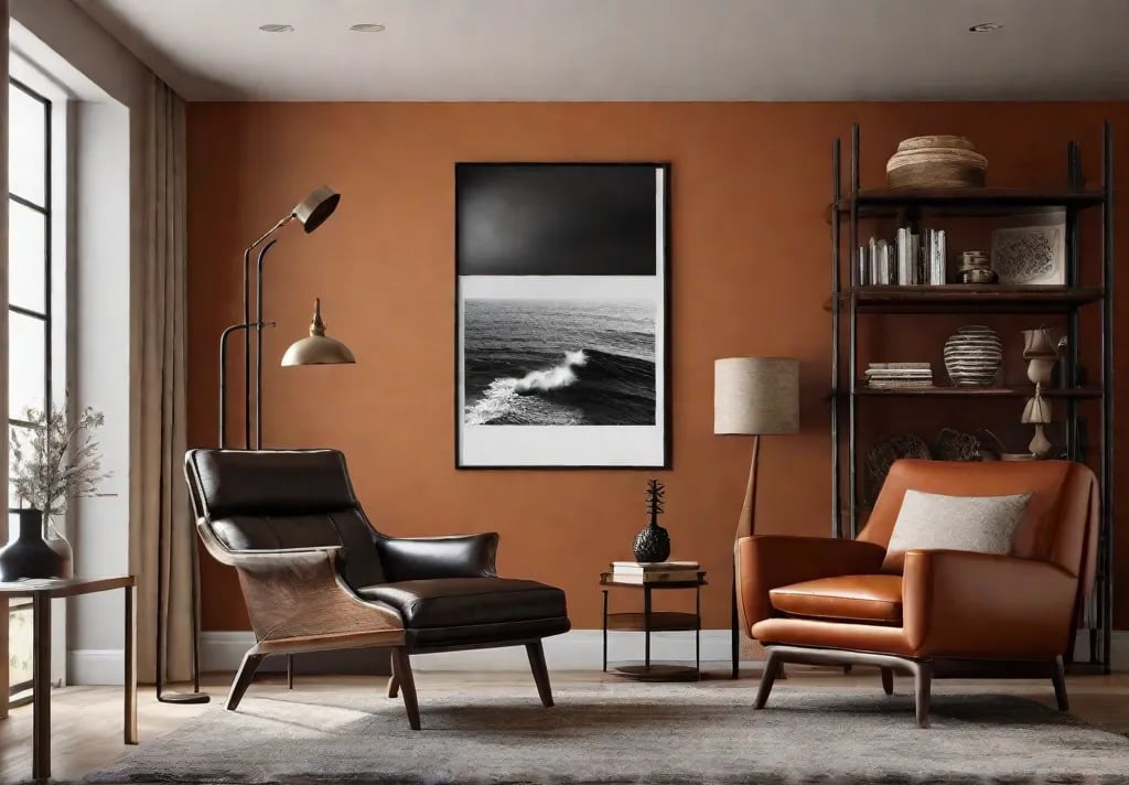 A cozy corner of a living room featuring burnt orange accent walls
