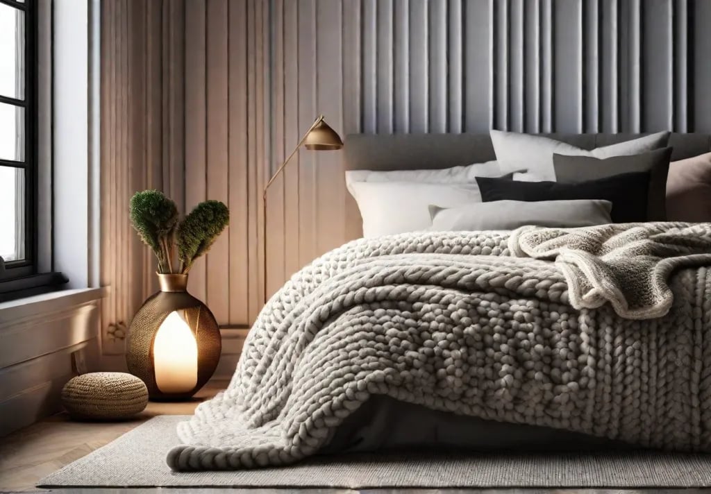 A cozy corner of the bedroom adorned with a chunky knit throw