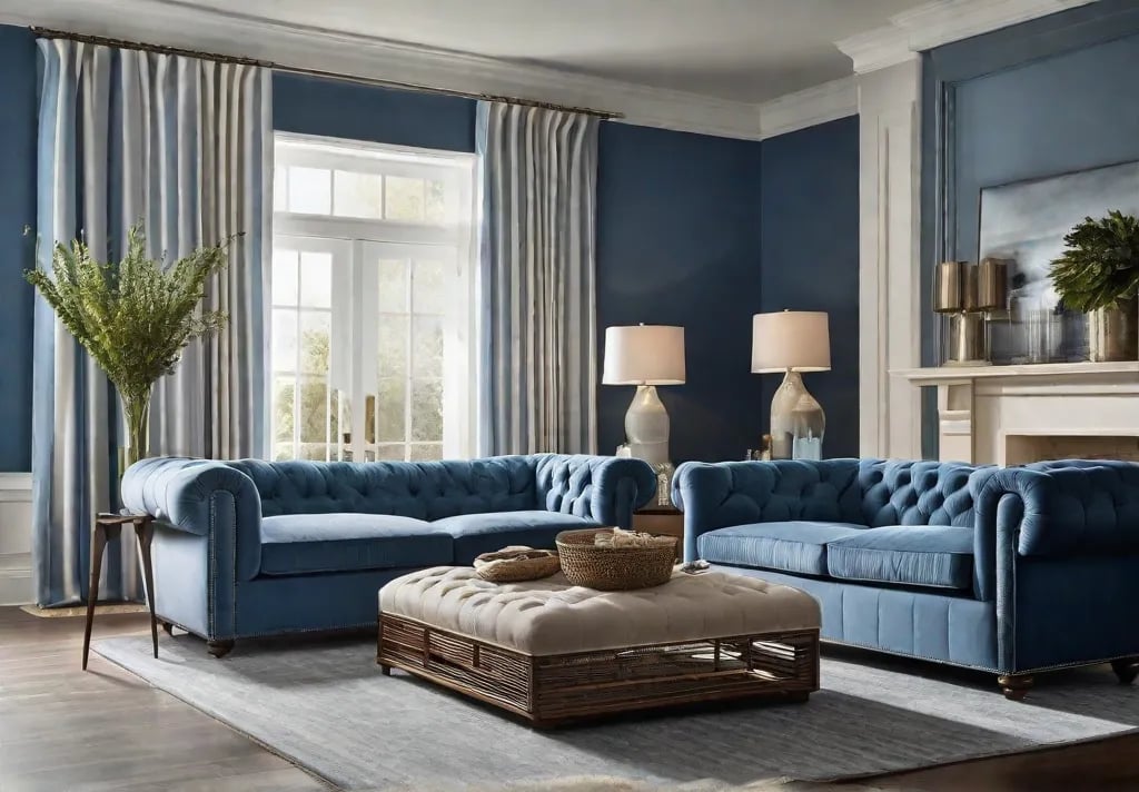 A cozy living room bathed in tranquil blue