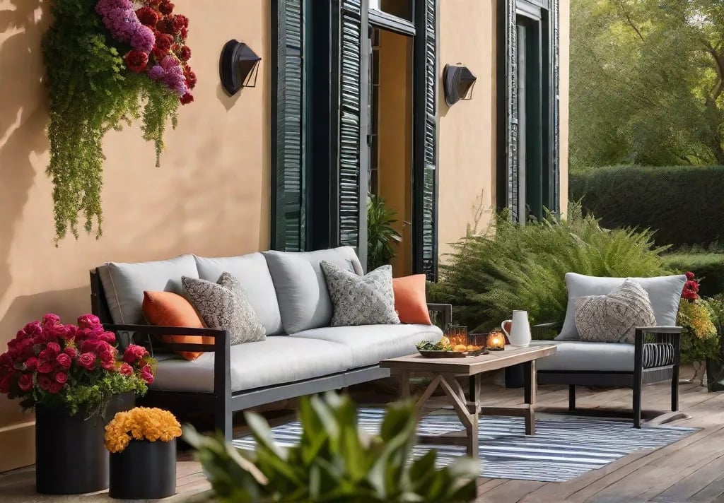 A cozy nook on a porch furnished with plush