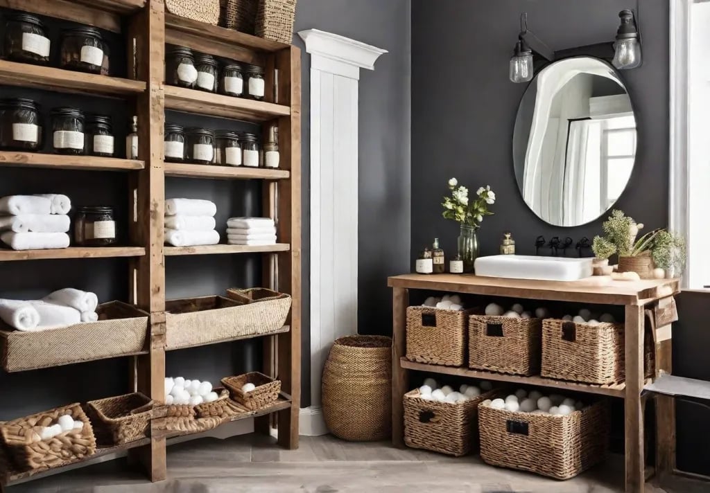 A cozy rustic bathroom interior featuring a combination of wooden crates