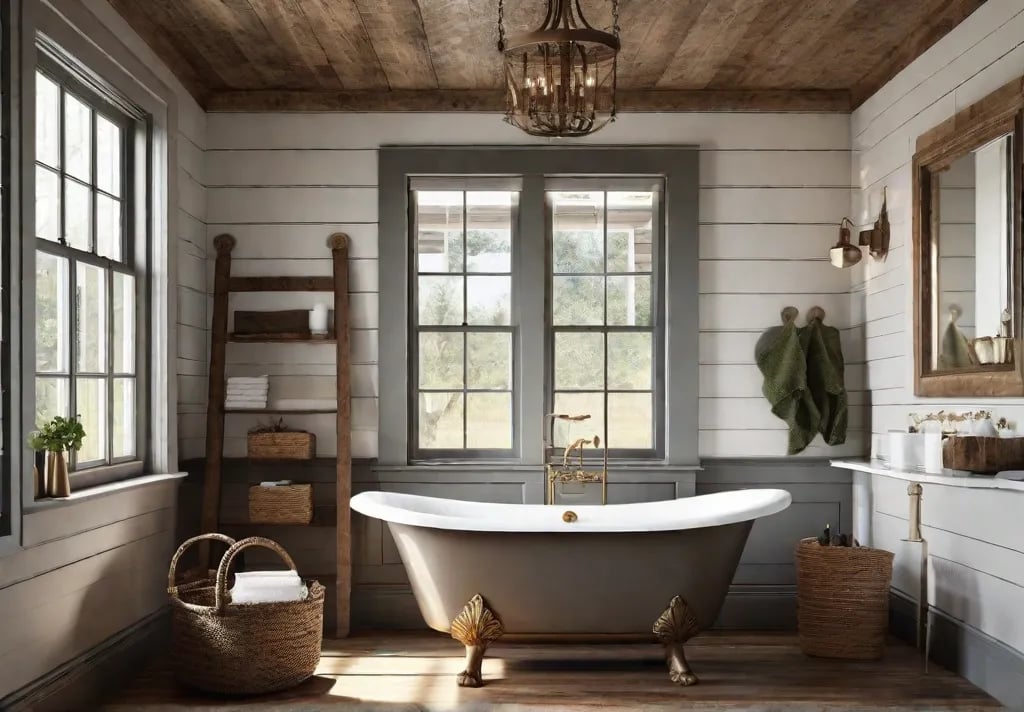 A cozy rustic bathroom with shiplap walls