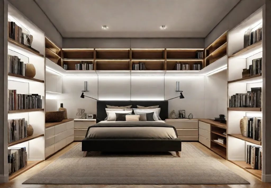 A custombuilt modular storage system covering one wall of a tiny bedroom