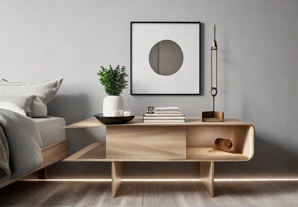A custommade floating wooden bedside table uniquely shaped to fit the space