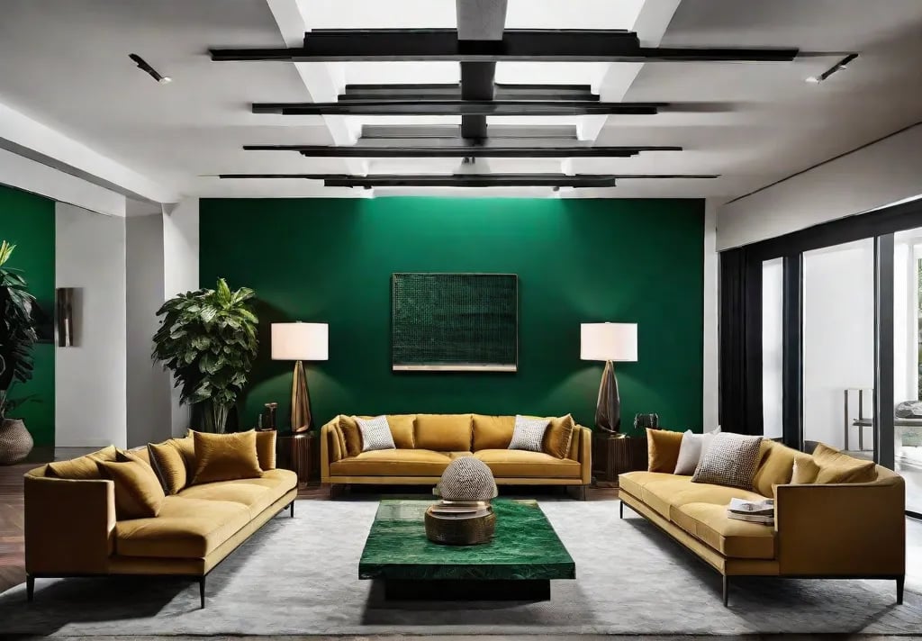 A daring living room setup showcasing a deep emerald green focal point wall