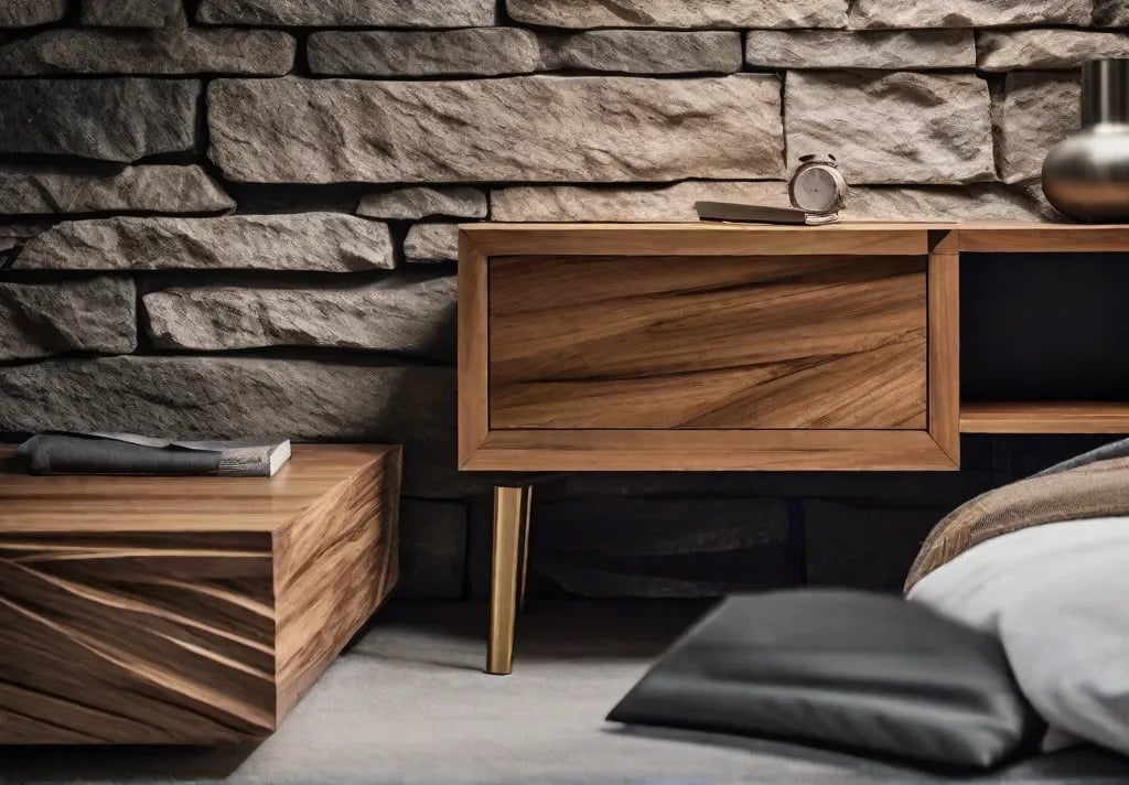A detailed shot of a natural wood nightstand against a textured stone