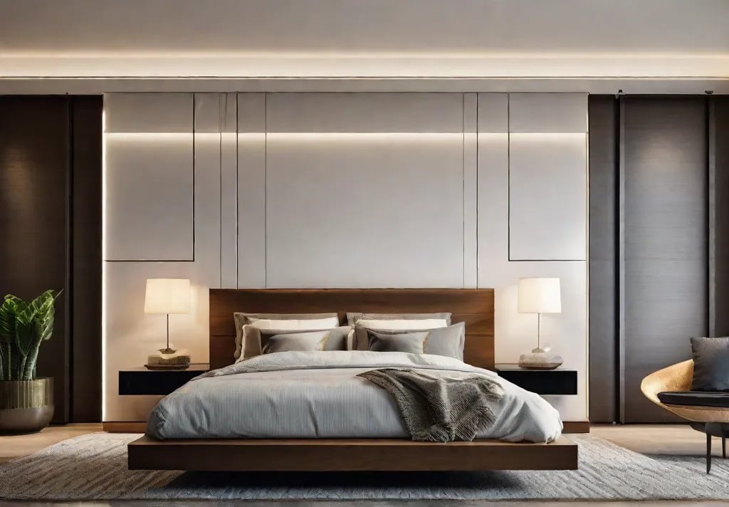 A display of small sculptural pieces on floating shelves adding a touch