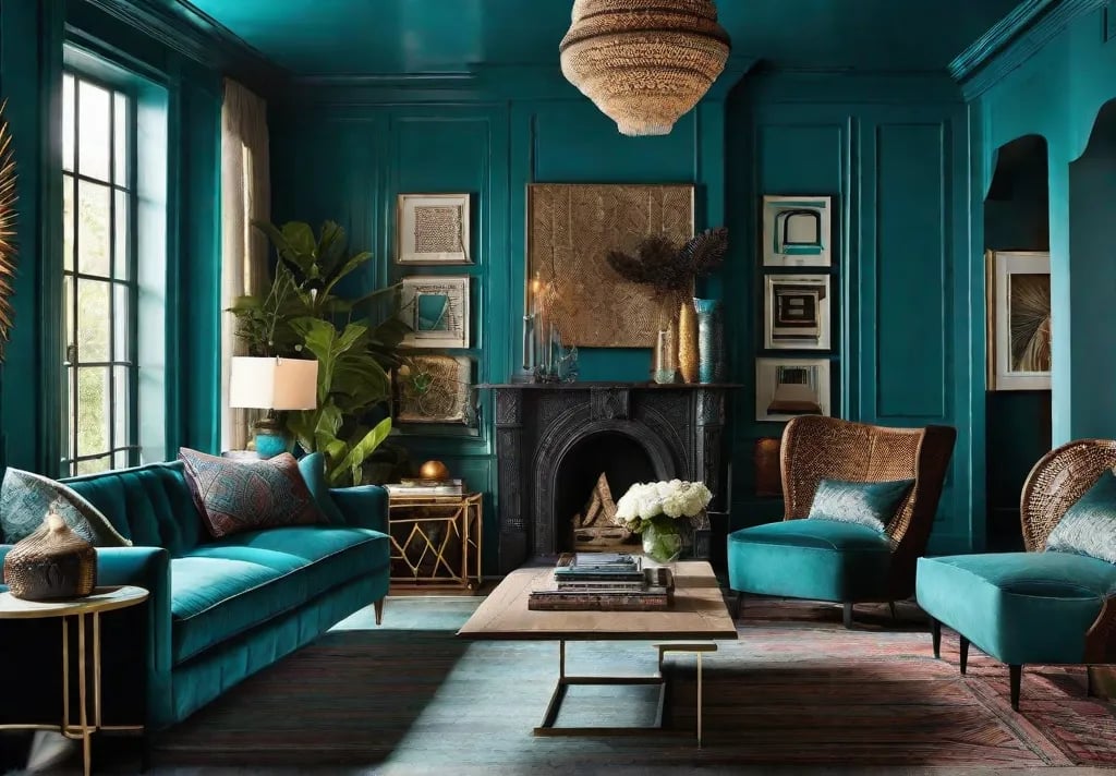 A dynamic living space where vibrant teal walls are paired with eclectic furnishings