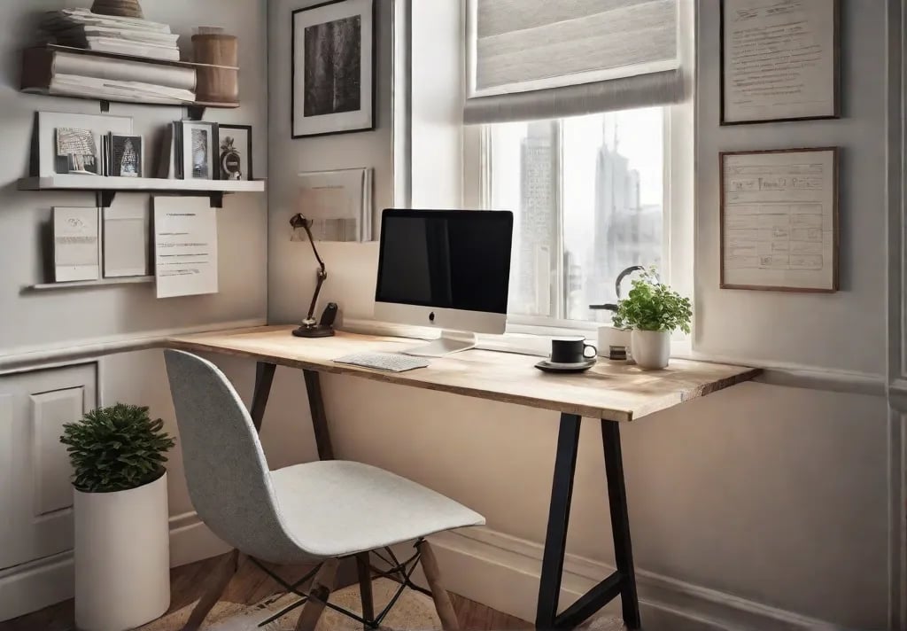 A folddown desk mounted on a wall in a tiny bedroom neatly