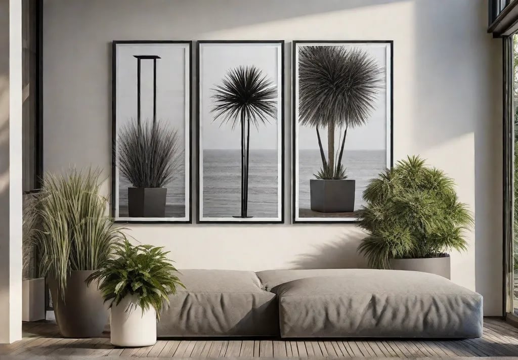 A front porch gallery wall adorned with weather resistant artwork and metal sculptures