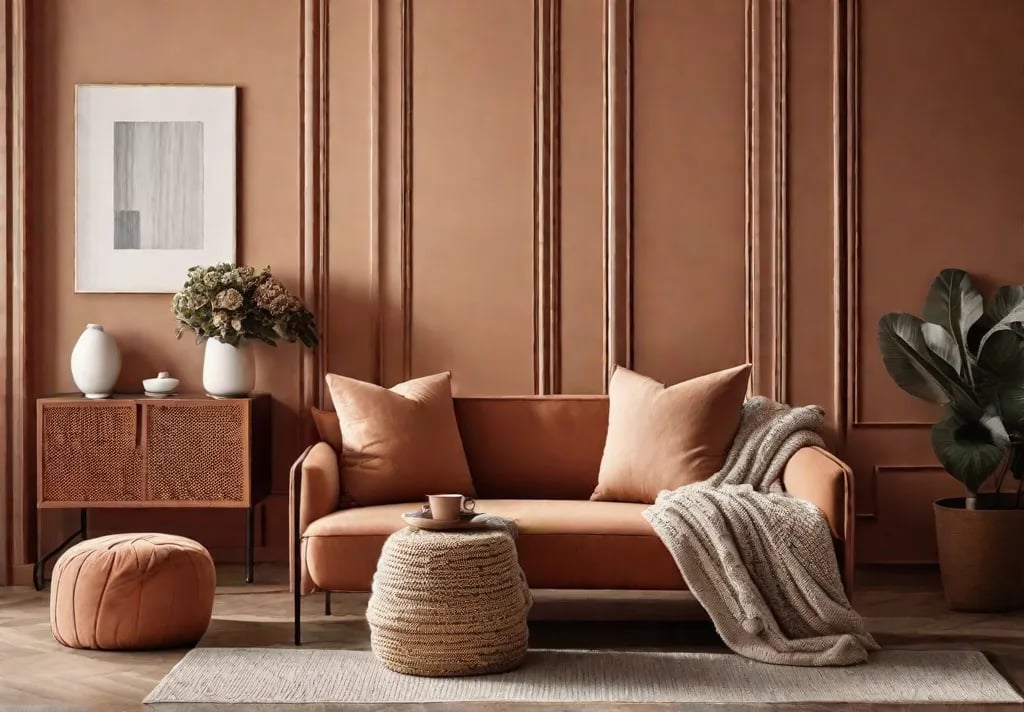 A homely scene in a living room with warm terracotta walls