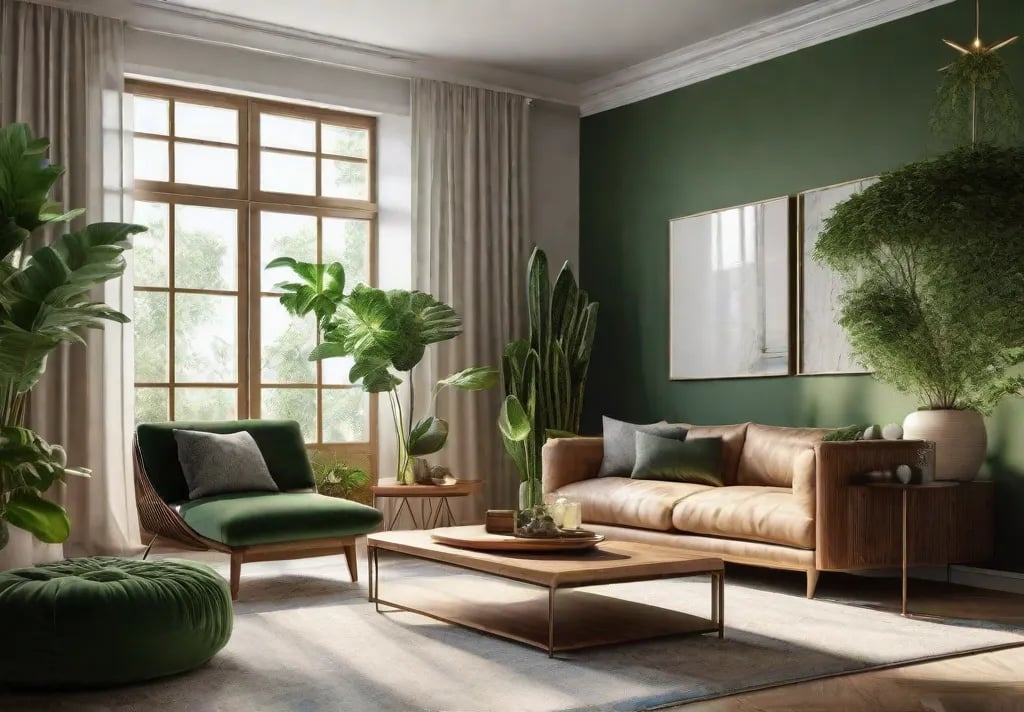 A living room corner with a serene green accent wall