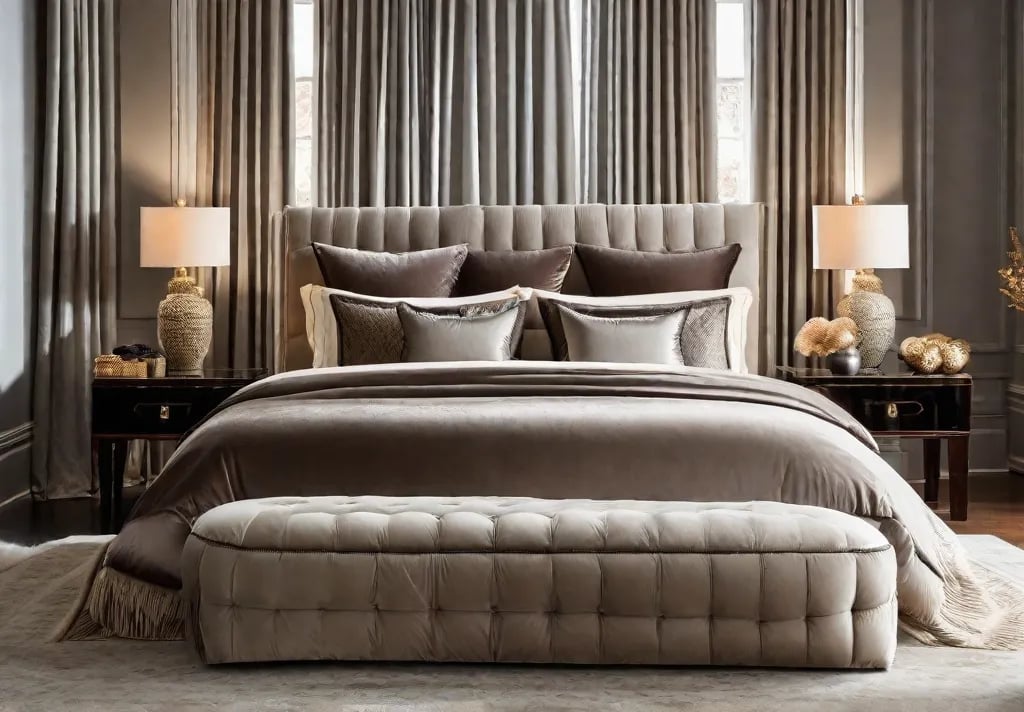 A luxurious bedroom draped in highquality textiles featuring a plush velvetcovered bed