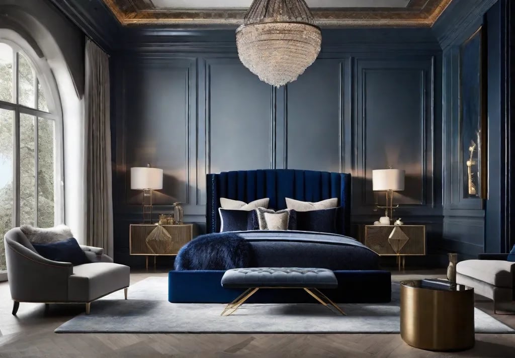 A luxurious bedroom space highlighting a dramatic upholstered headboard in rich navy