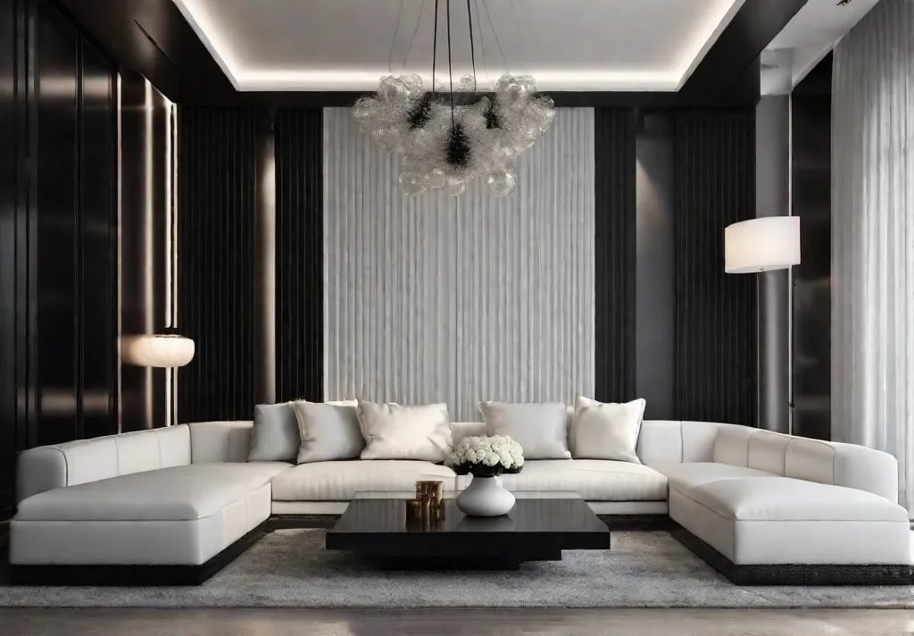 A minimalist living room enhanced by the dramatic contrast of a jet black feature wall against pristine white furnishings