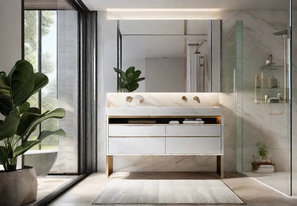 A modern bathroom with a floating vanity and over the toilet storage solutions