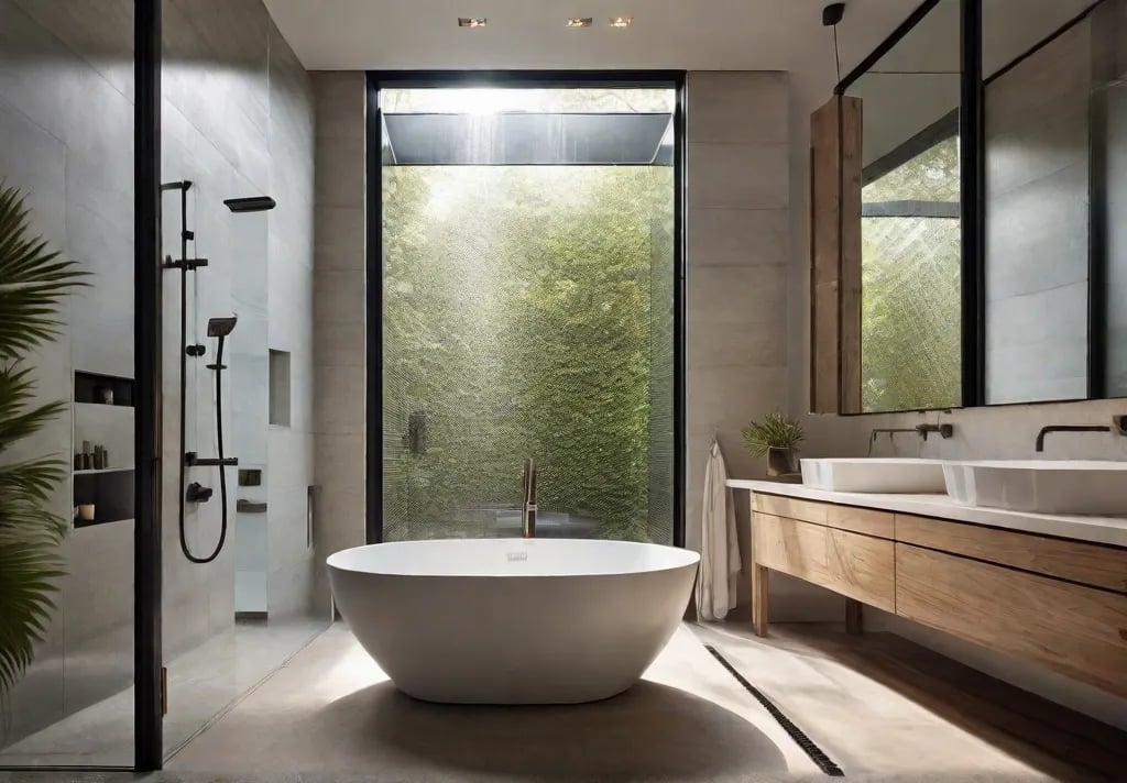 A modern bathroom with a skylight over a walk in shower