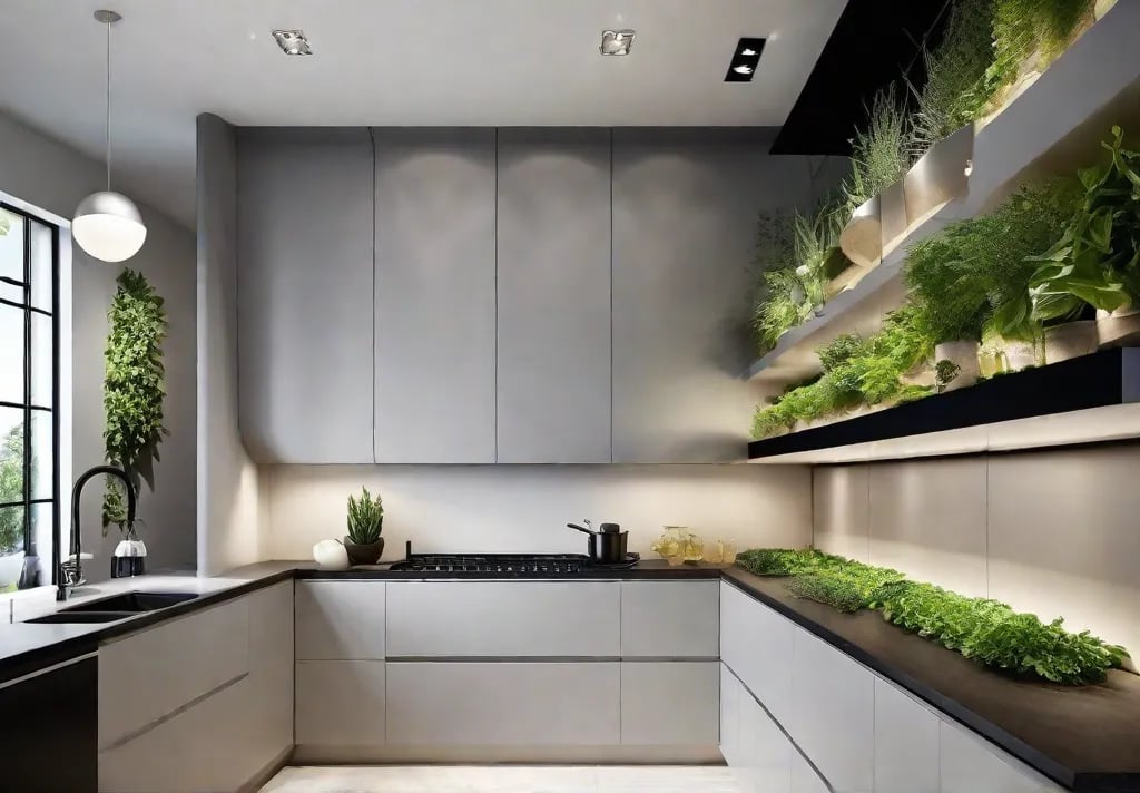 A modern kitchen wall converted into a lush vertical herb garden