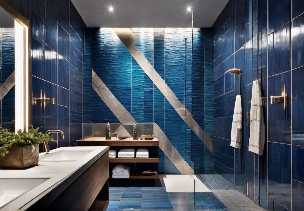 A modern shower with vibrant blue tiles