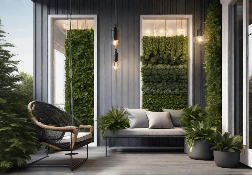 A narrow front porch ingeniously decorated with vertical greenery