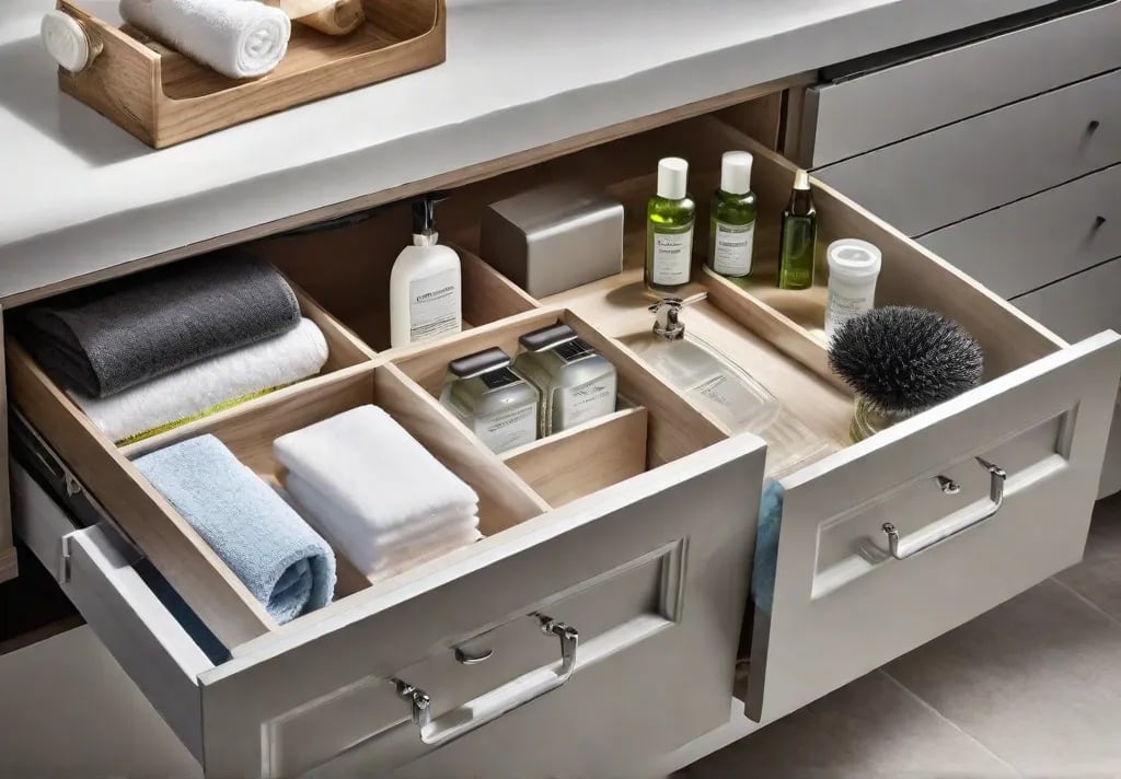 A neatly organized bathroom cabinet with a pullout drawer under the sink